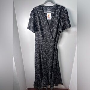 Prettygarden Black Polka Dot Wrap Midi Dress Cottagecore Flowy Summer Dress